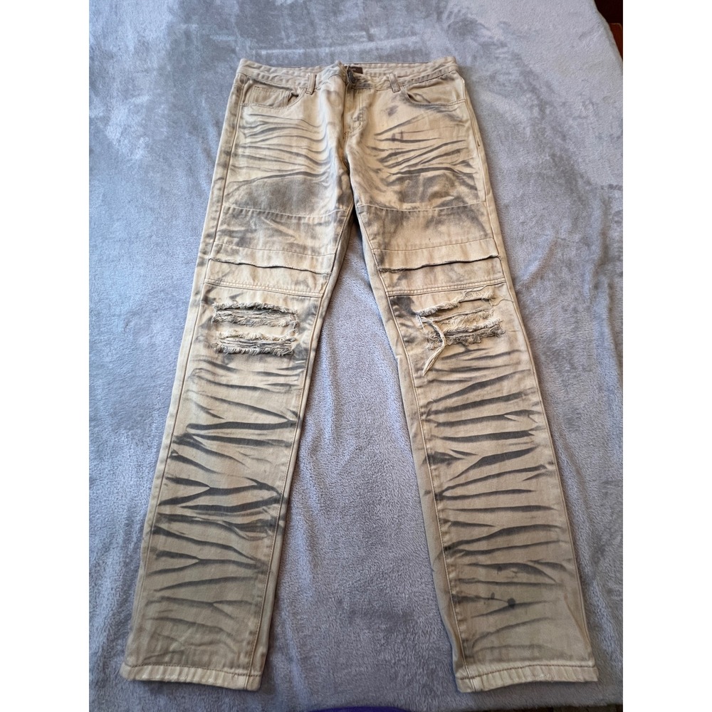 Crysp Denim Biker Jeans Mens 38 Khaki Tan Distressed Moto Stacked